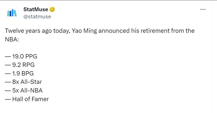 姚明退役12年數(shù)據(jù)回顧_姚明NBA生涯數(shù)據(jù)統(tǒng)計_nba姚明退役